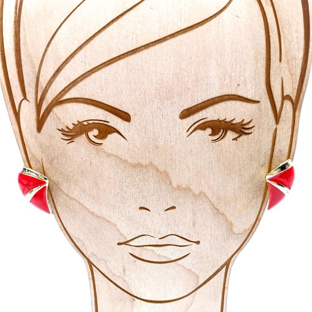 Vintage Bold Red  Earrings, Enamel Clip On Gold Tone